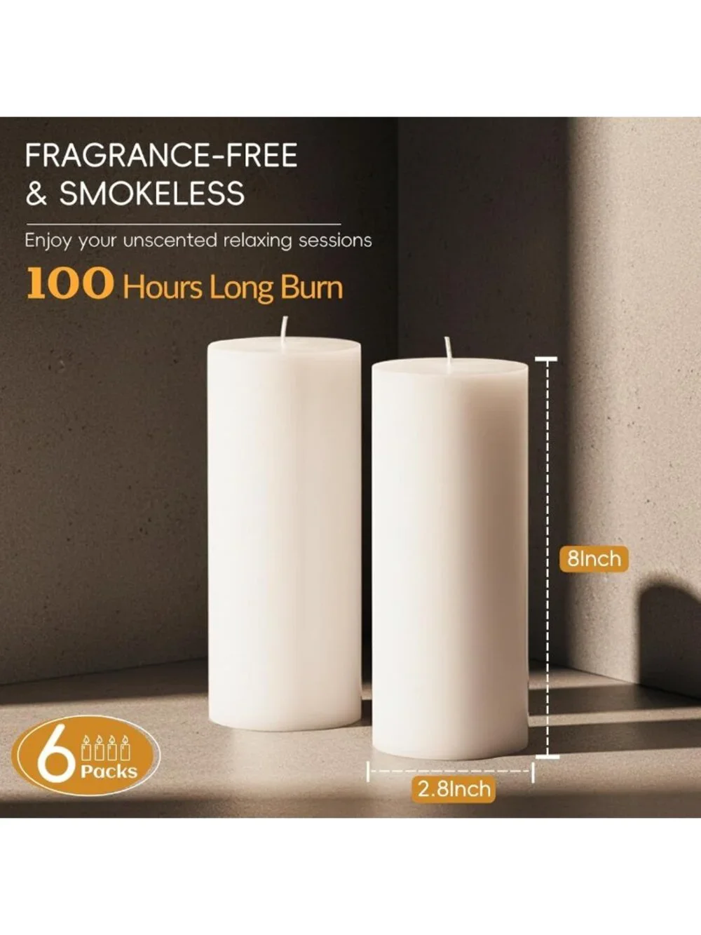 Set of 6 White Pillar Candles, 2.8x8 Inch Unscented, Perfect for Home Decor